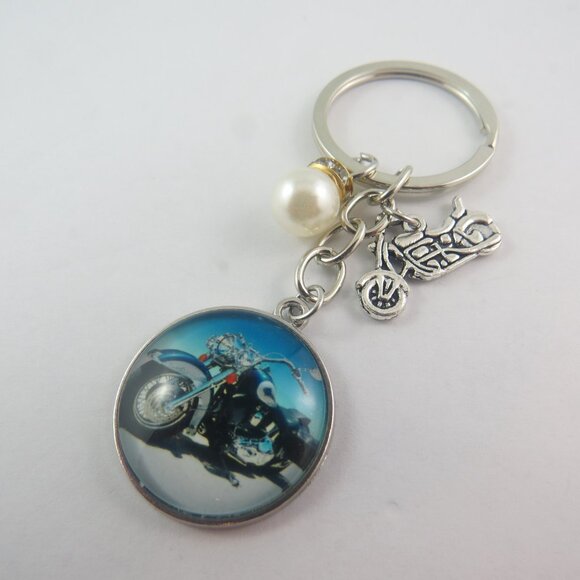 Motorcycle Keychain with Bike Charm Biker Key Ring Pearl Accent Rider Gifts - Picture 2 of 5